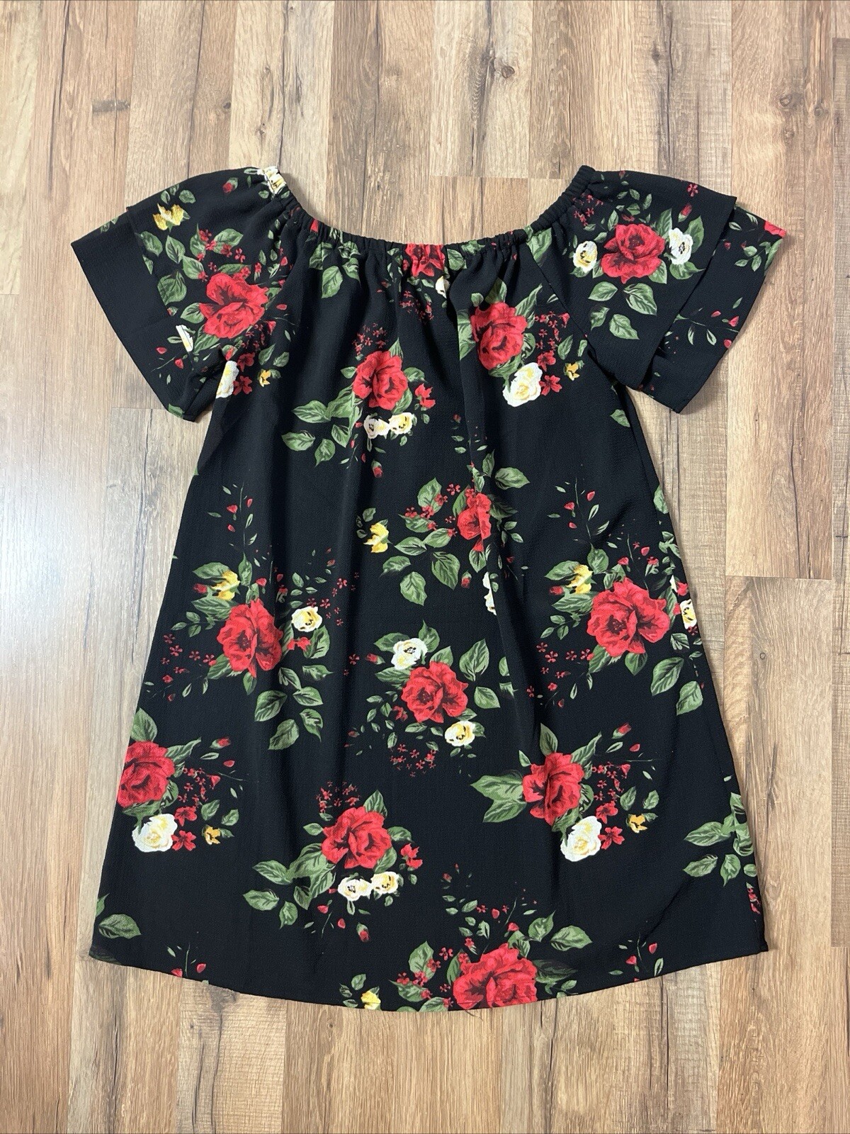 Mini Dress Tunic Size Large Fits Like Medium Black Red Green Floral Peasant