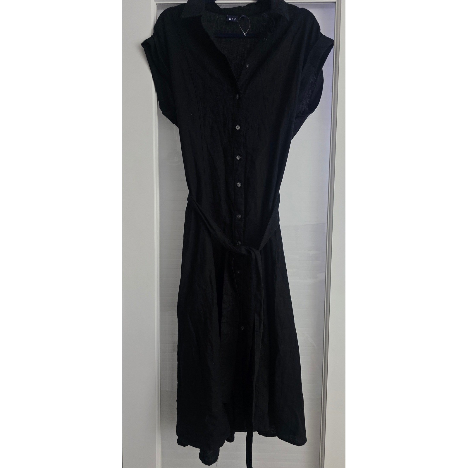 Gap Womens Black Linen Blend Button Down Midi Shirt Dress Tie Waist Medium