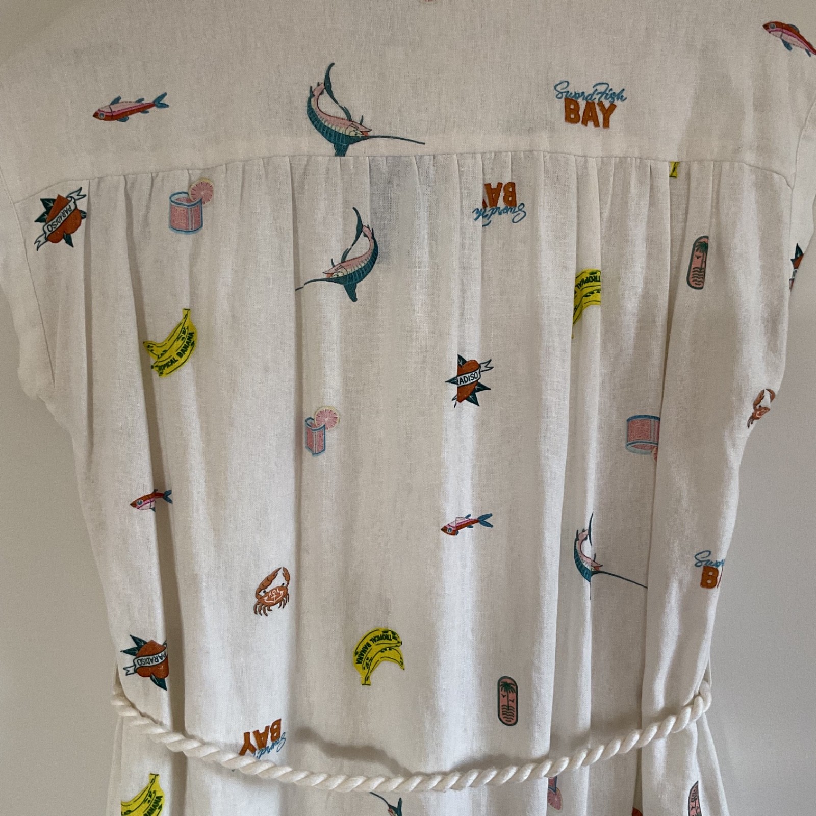Maison D’Amelie Tropical Bay Linen Blend Shirt Dress XS blue marlins Rope Belt