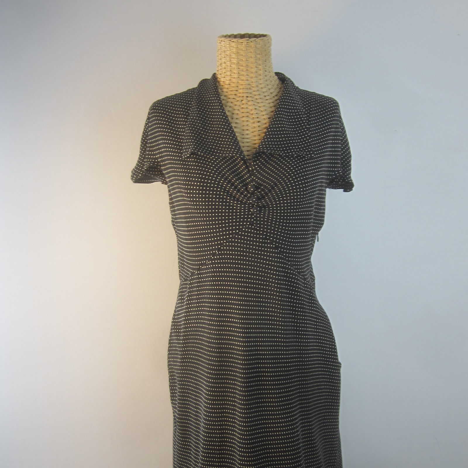 Talbots Women 10 Black White Polka Dot SS 100% Silk Midi Dress Empire Waist
