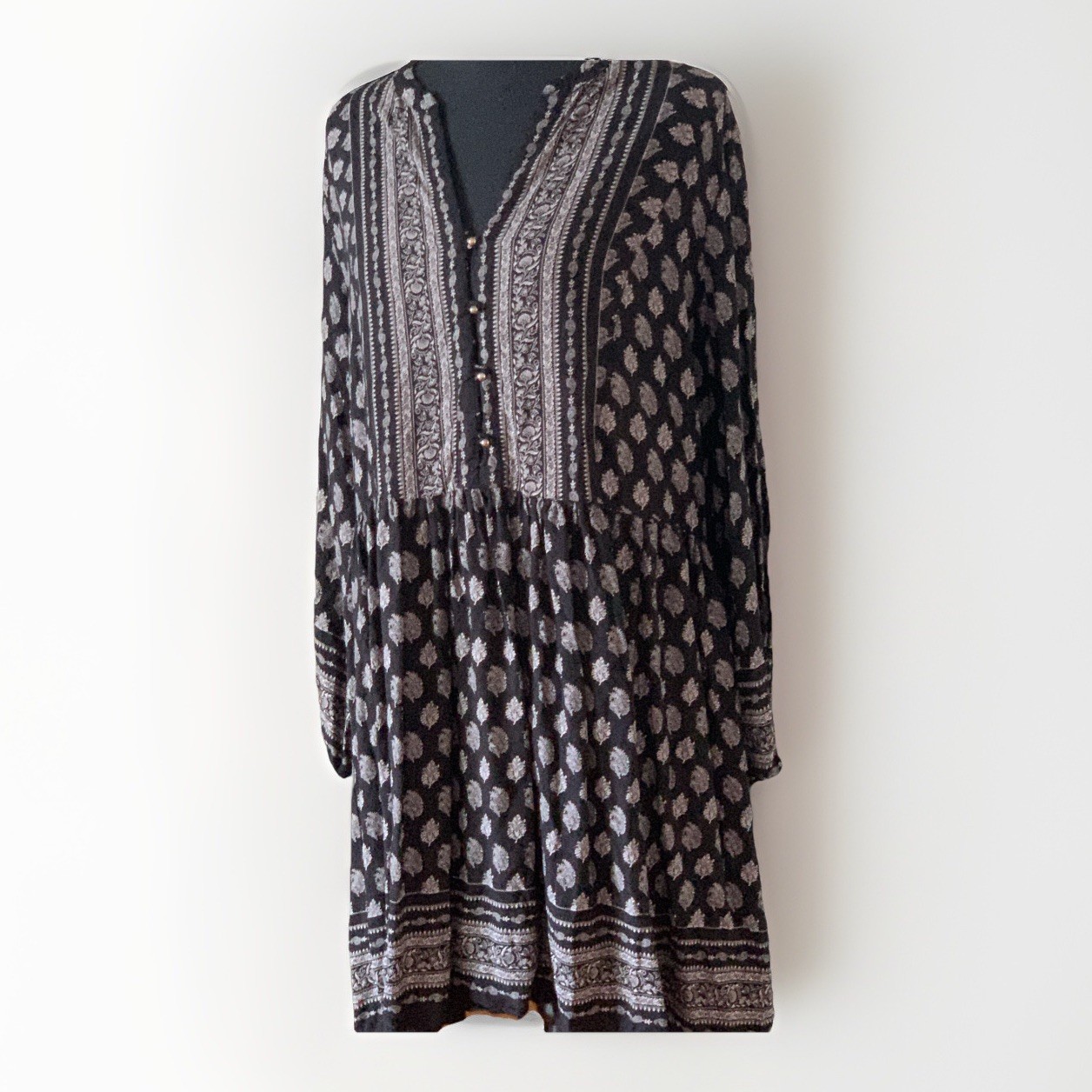 Relativity Black White Boho Floral Paisley Dress Sz L Cottagecore Peasant Boho