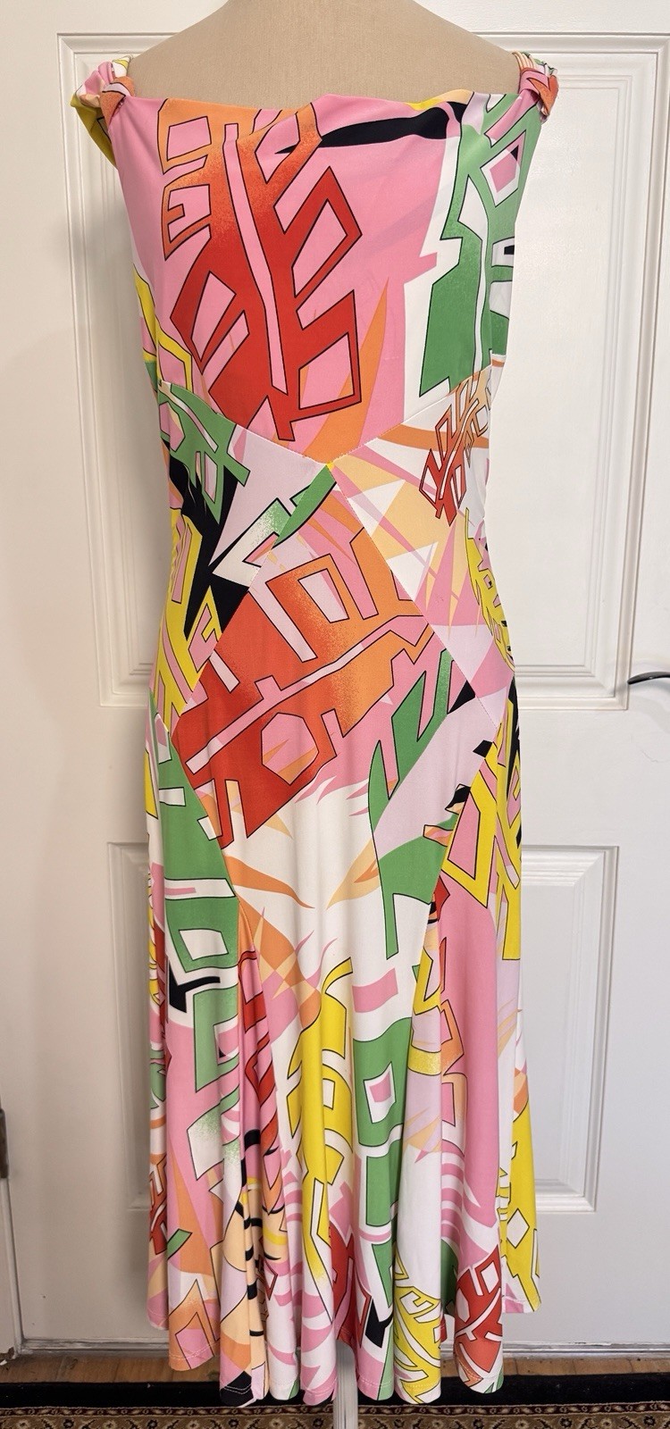 Vintage Sharon Max Colorful Midi Dress Womens M Fitted Stretch Straps 90s Summer