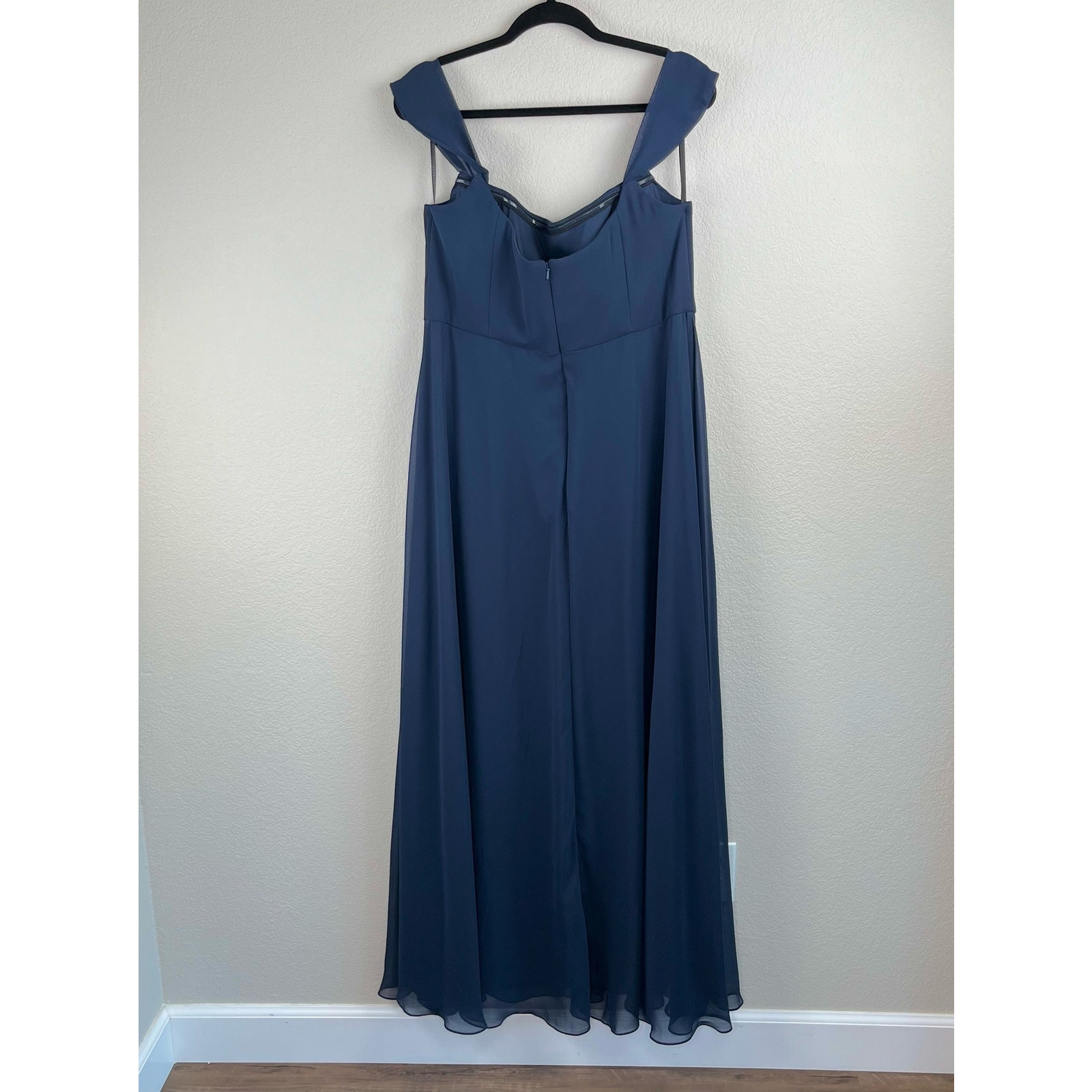 After Six Navy Lux Chiffon Gown Off Shoulder Formal Maxi 4 Prom Wedding NWOT