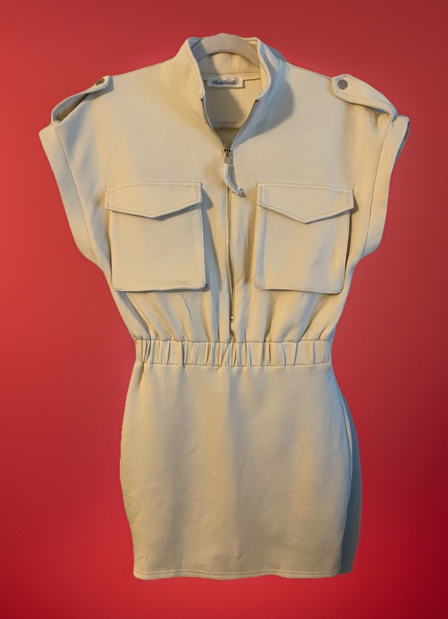 BADDIEVILLE Always On Time Zip Cargo Dress. Elastic Waist & Chest Pockets Sz Med