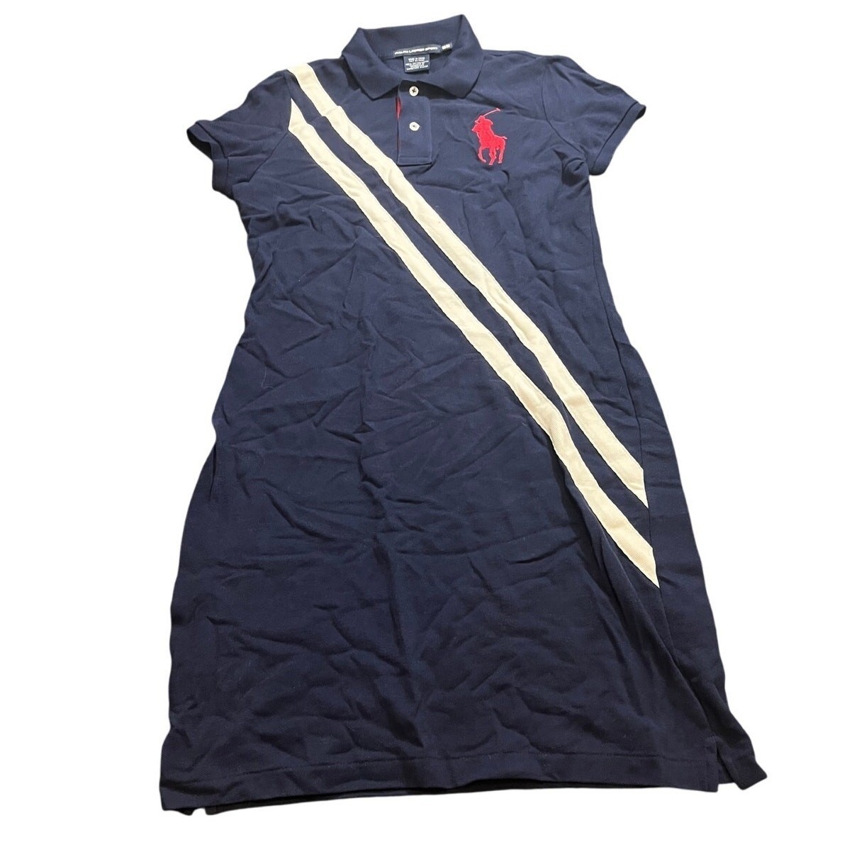 Ralph Lauren Sport Polo Dress Womens Medium Navy Blue Big Pony Striped S/S