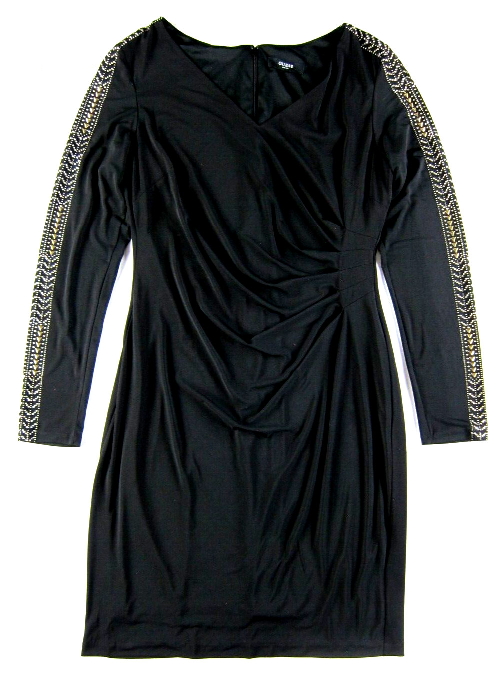 GUESS Black Stretch Ruche Silver Studded Beaded VNeck Long Sleeve Sheath Dress L
