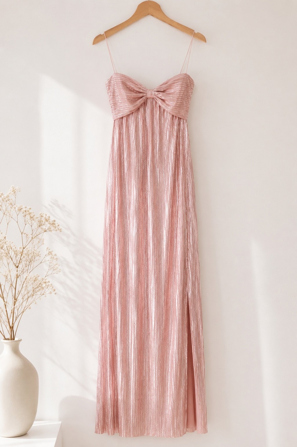 Lovers + Friends Mya Gown Light Pink Metallic Plissé Maxi Dress NWT Medium