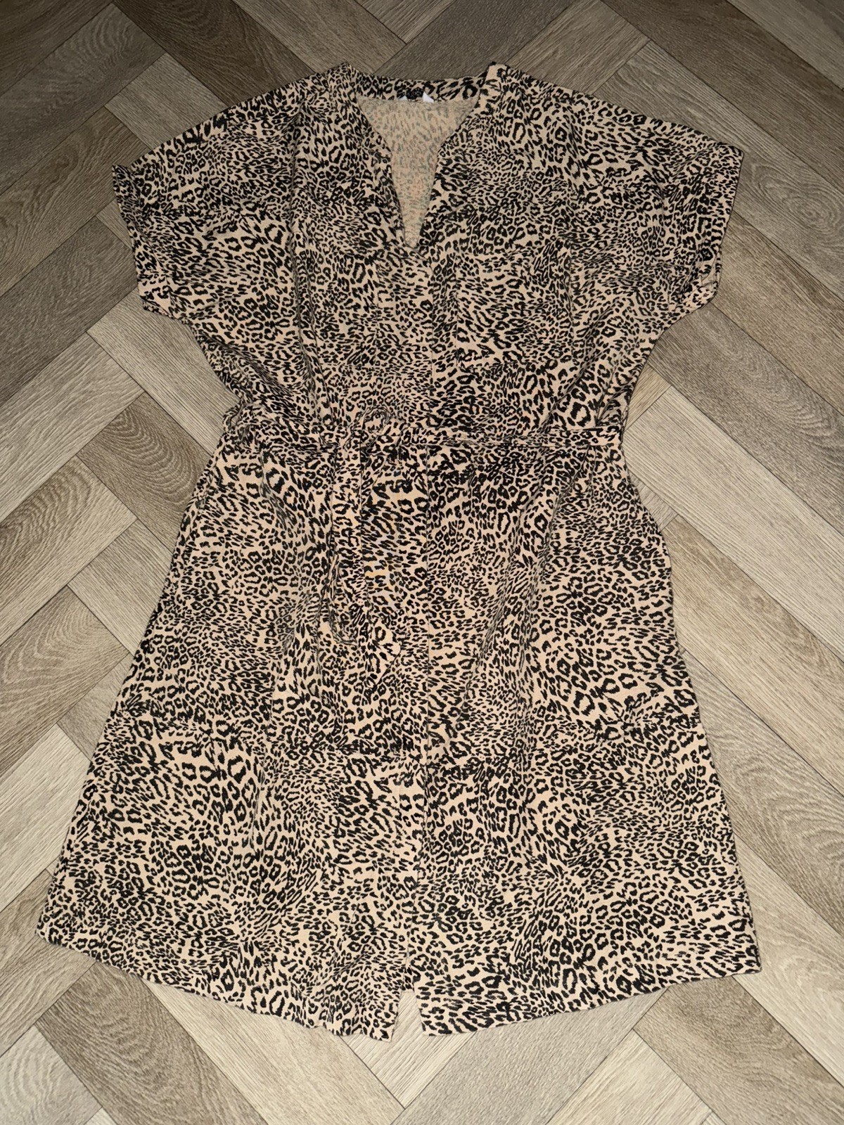 Leopard Animal Print Heavyweight Tunic Shirt Dress Size 12 Petite Tie Waist
