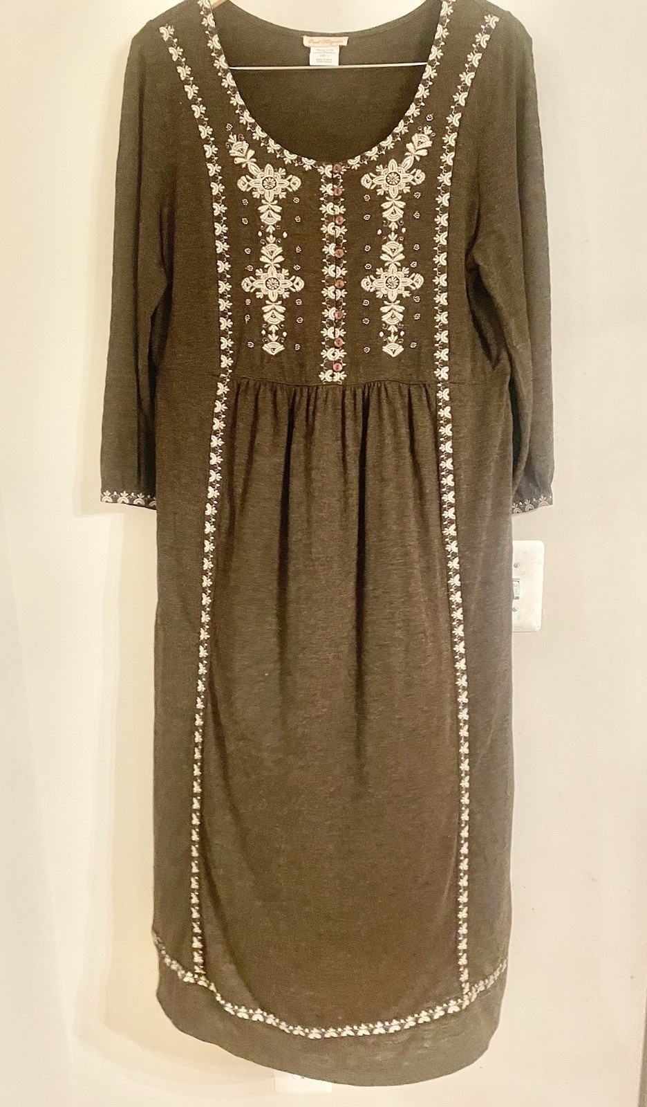 Sweet Magnolia Peasant Dress Women’s L Brown Floral Embroidery Boho Lagenlook