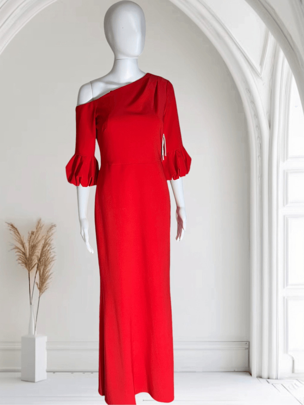 Aidan Mattox Asymmetrical Neck Line 3/4 Sleeve Red Gown