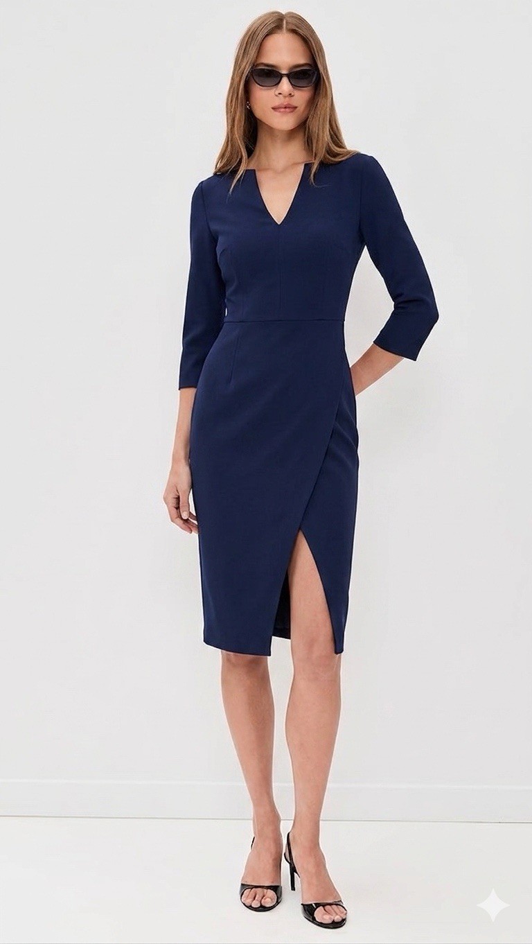 Black Halo Oklahoma Sheath Dress Navy Blue Size 0 Asymmetrical V-Neck USA