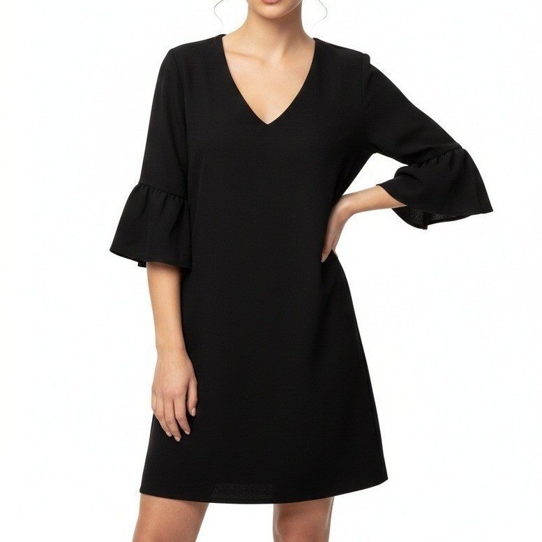 New Belongsci Womens Mini Dress M Black Bell Sleeve Boho Minimalist Chic Modest