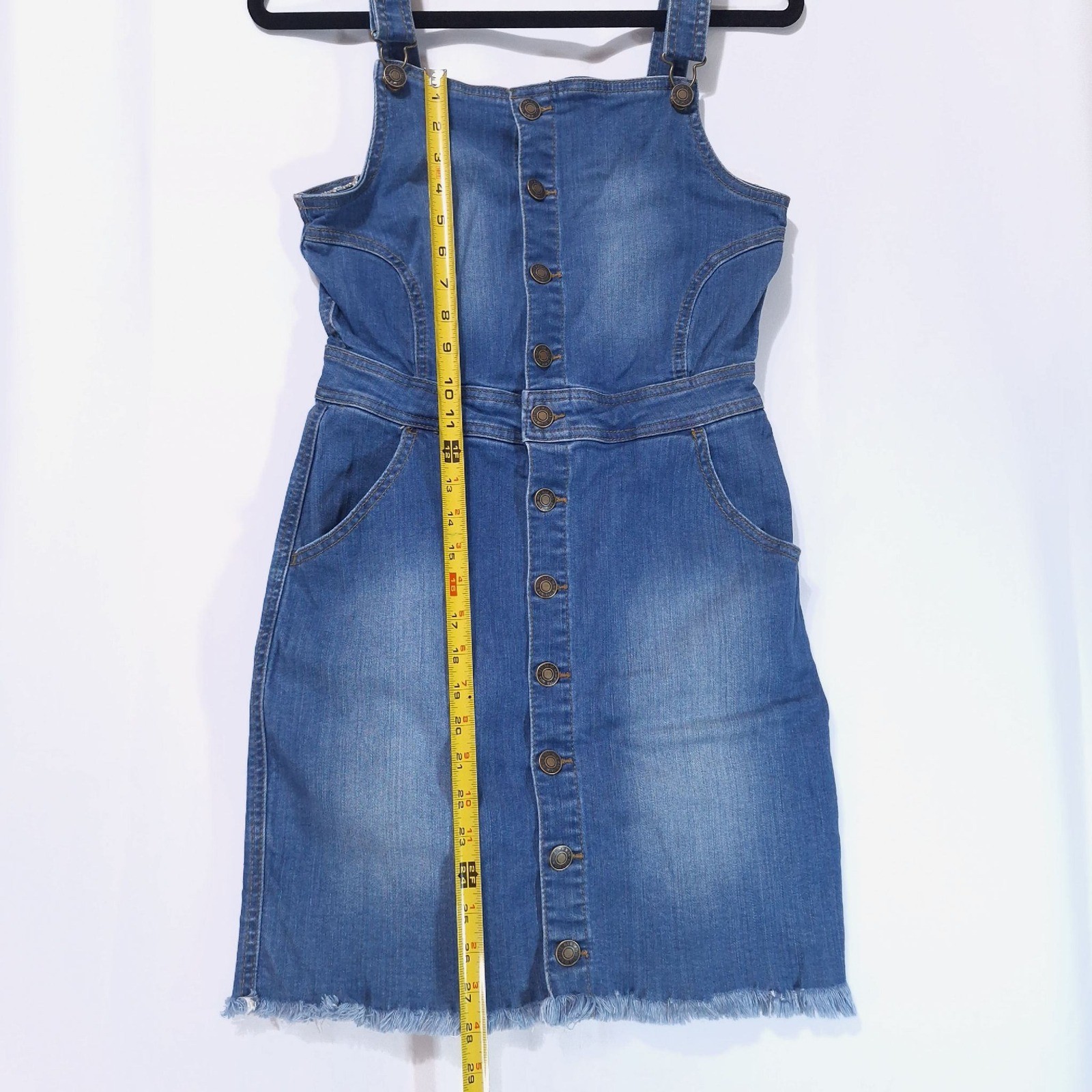 Wax Jean Button Front Denim Overall Mini Dress M Wash Blue Pinafore Raw Hem Y2K