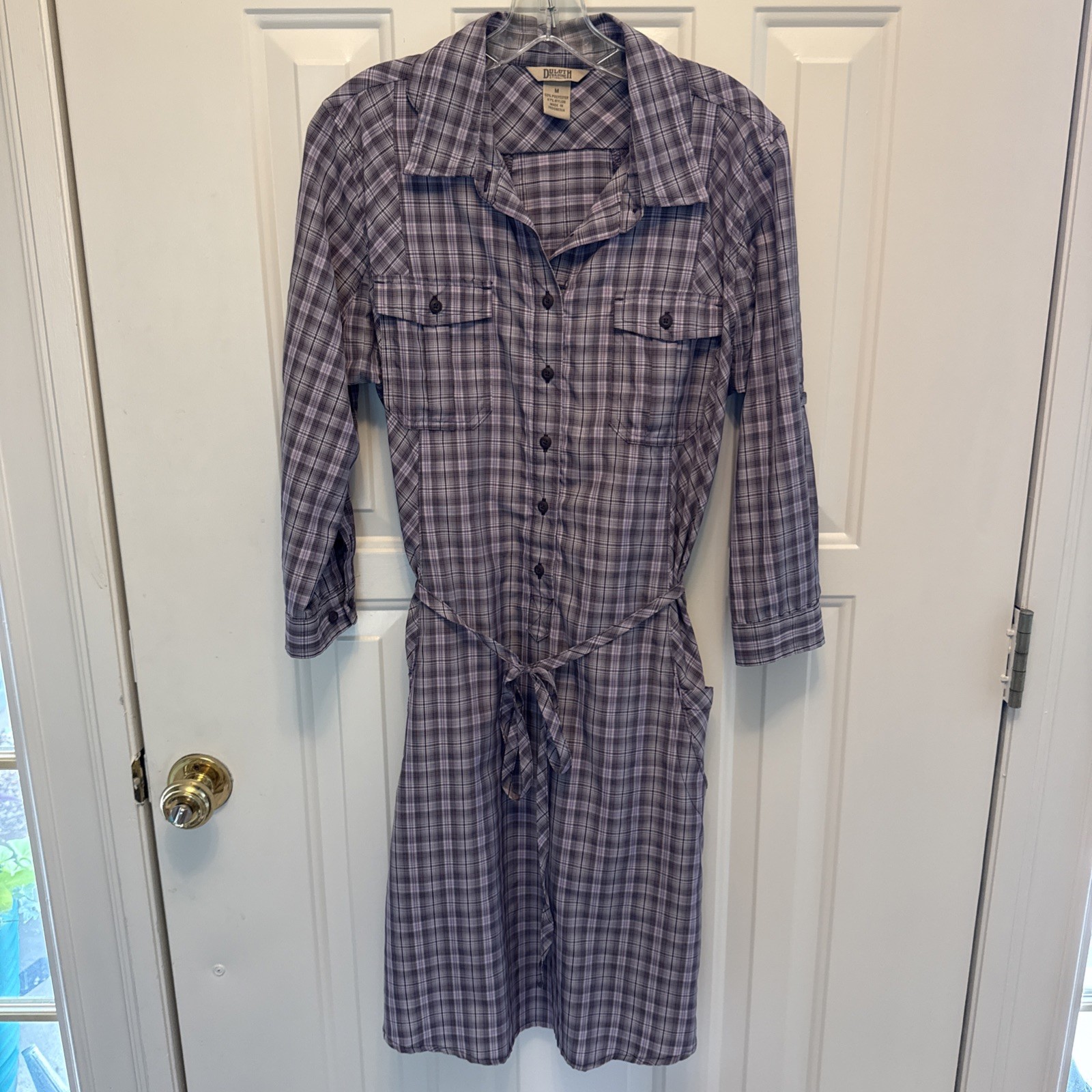 Duluth Purple Plaid Button-Down Shirt Dress Tie Pockets Size M polyester nylon