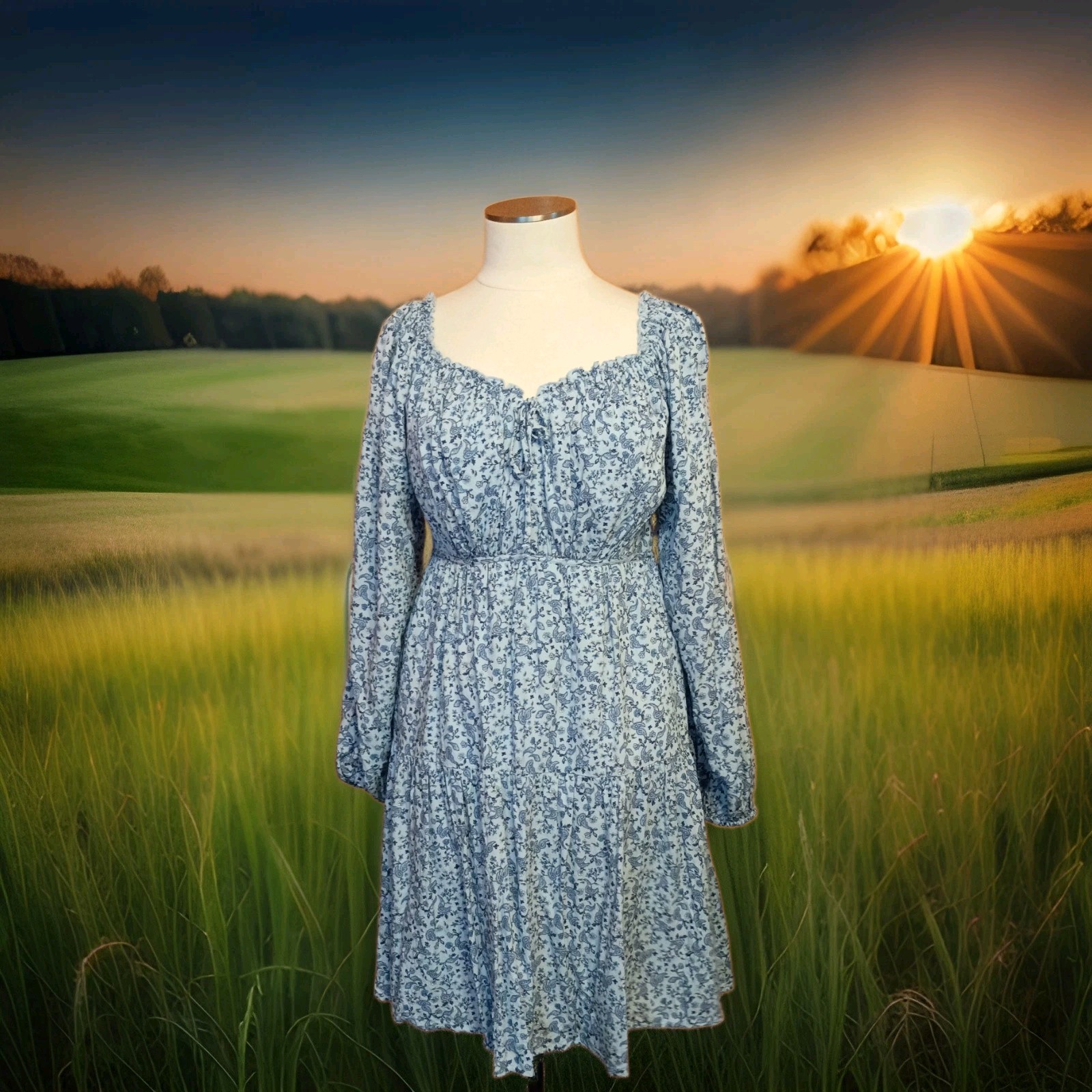 Sz Med Tall Western Tiered Calico Peasant Mini Dress