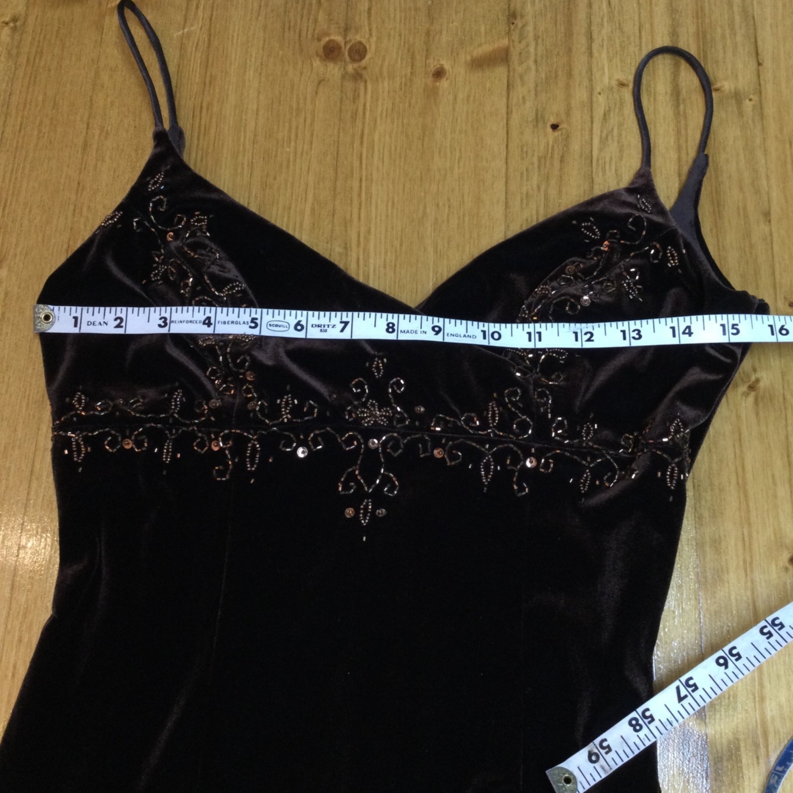 90s Y2K Dave & Johnny Brown Evening Dress 3/4 Beaded Babydoll Spaghetti Strap