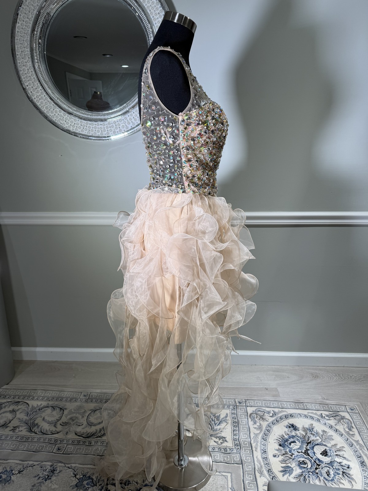 Colors Dress Rhinestone Ruffle Mini Dress Blush Champagne Size 8