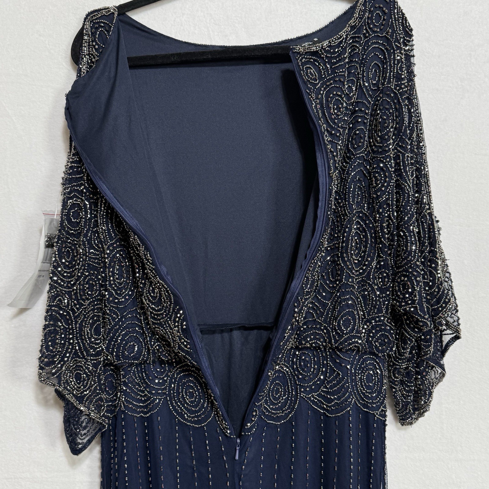 Pisarro Nights Size 16 Beads Blouson Gown Cold Shoulder 3/4 Split Sleeve NavyNWT