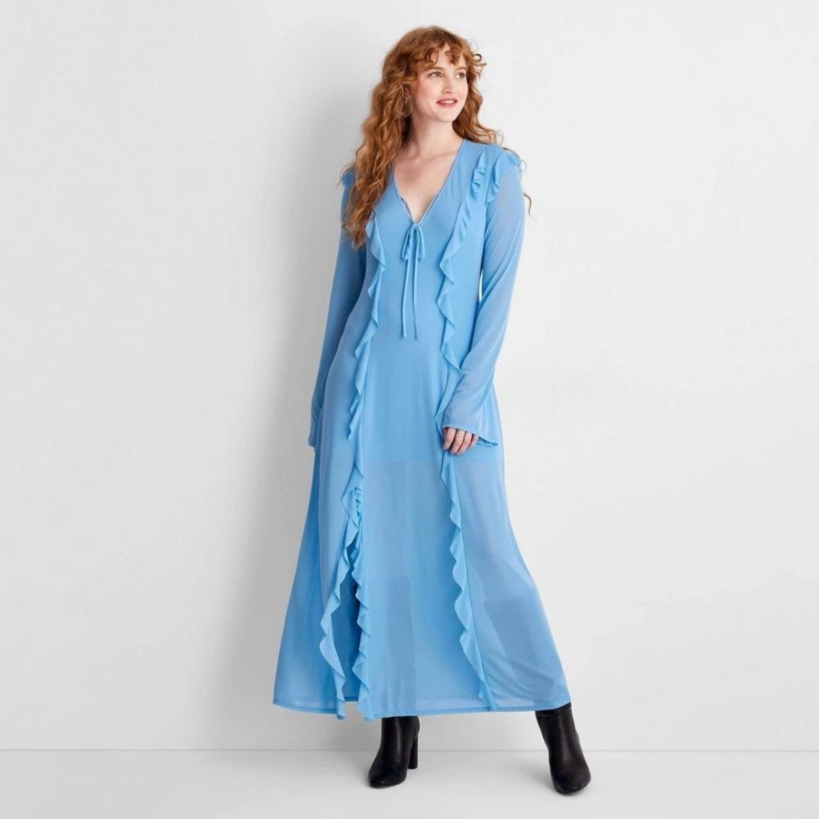 Future Collective Women s Long Sleeve Ruffle Maxi Dress Light Blue Size Small