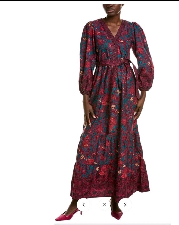 Celina Moon Myrna Merlot Long Sleeve Floral Maxi Dress Womens Medium Multicolor