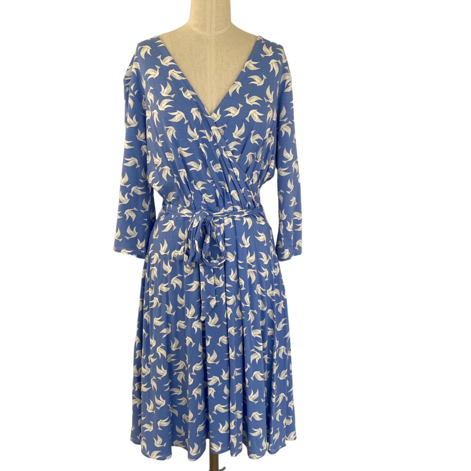Soft Surroundings Faux Wrap Dress Blue Dove Bird Print Stretchy Jersey Knit PL