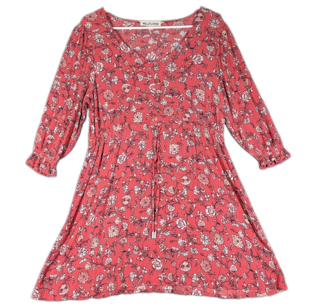 Wallflower Womens XL Coral Floral Boho Peasant Babydoll Mini Dress Rayon Soft