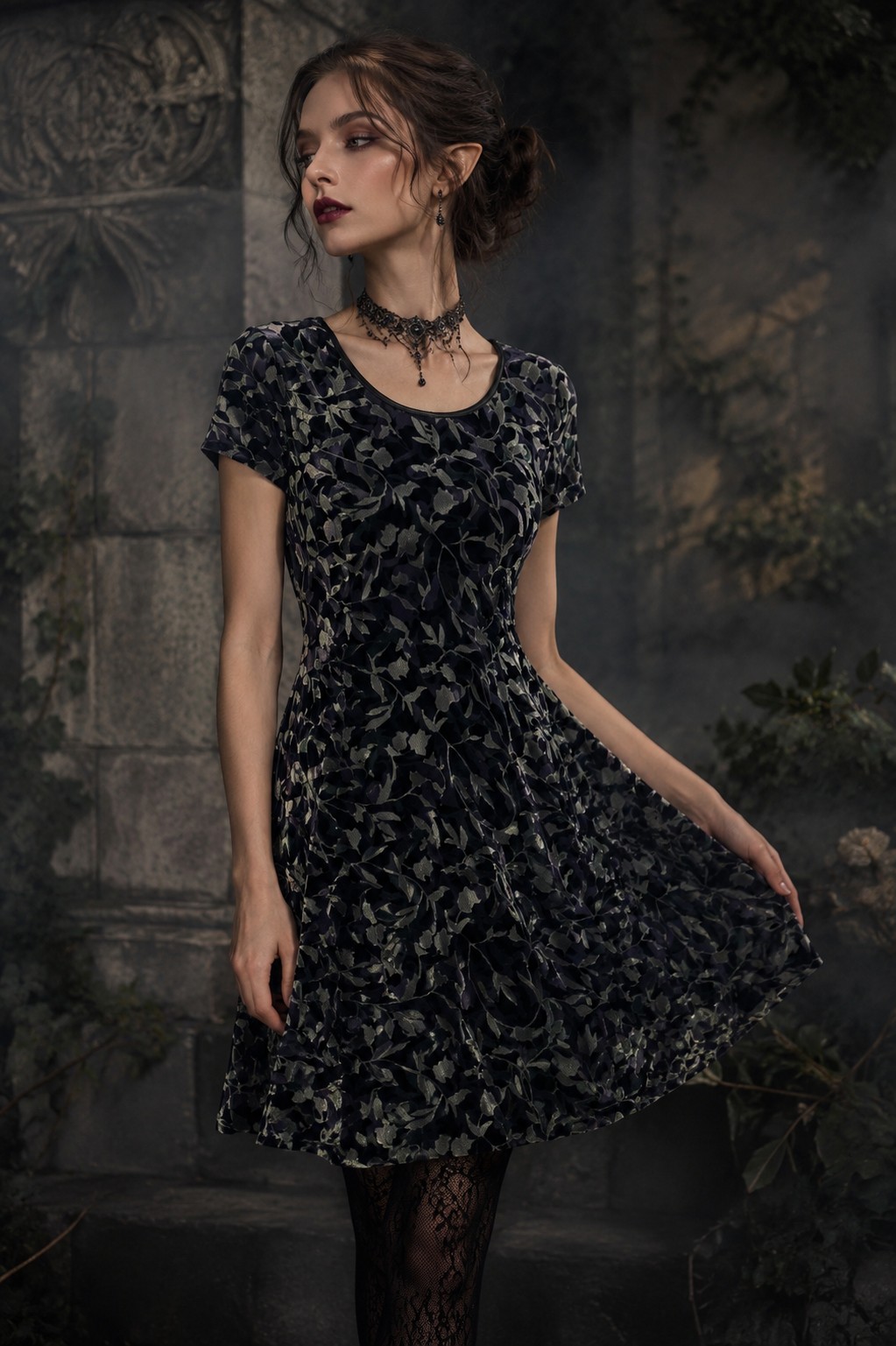 Sigrid Olsen Silk Velvet Burnout Floral Fit & Flare Dress Size 4 Gothic Romantic
