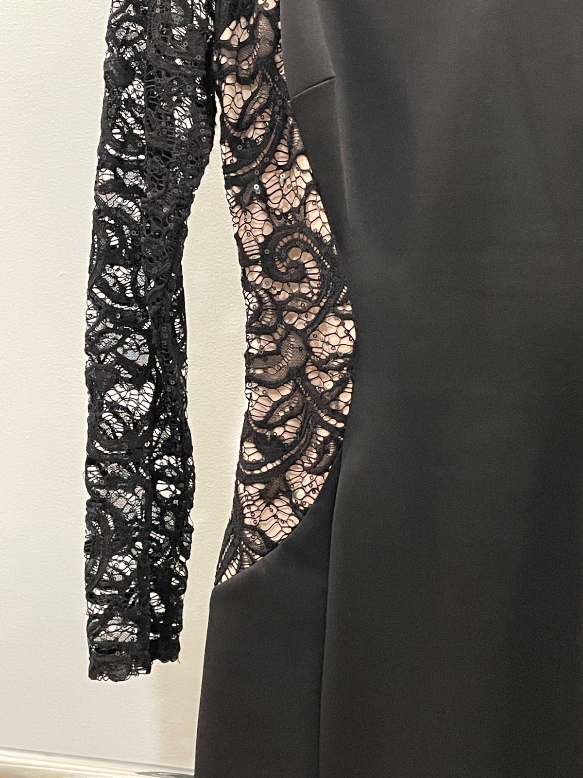 BCX Black Lace w/Sequin Bodycon Long Sleeve Dress, Nude Lined Panels Junior’s 7