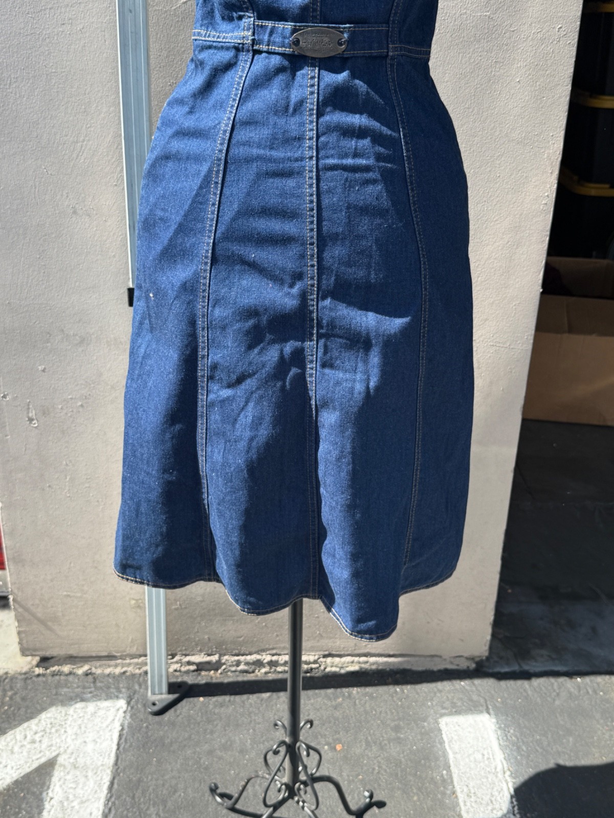 Vintage 70s Levis Denim Sundress Fitted Button Front Dress Brass Buckle In Back