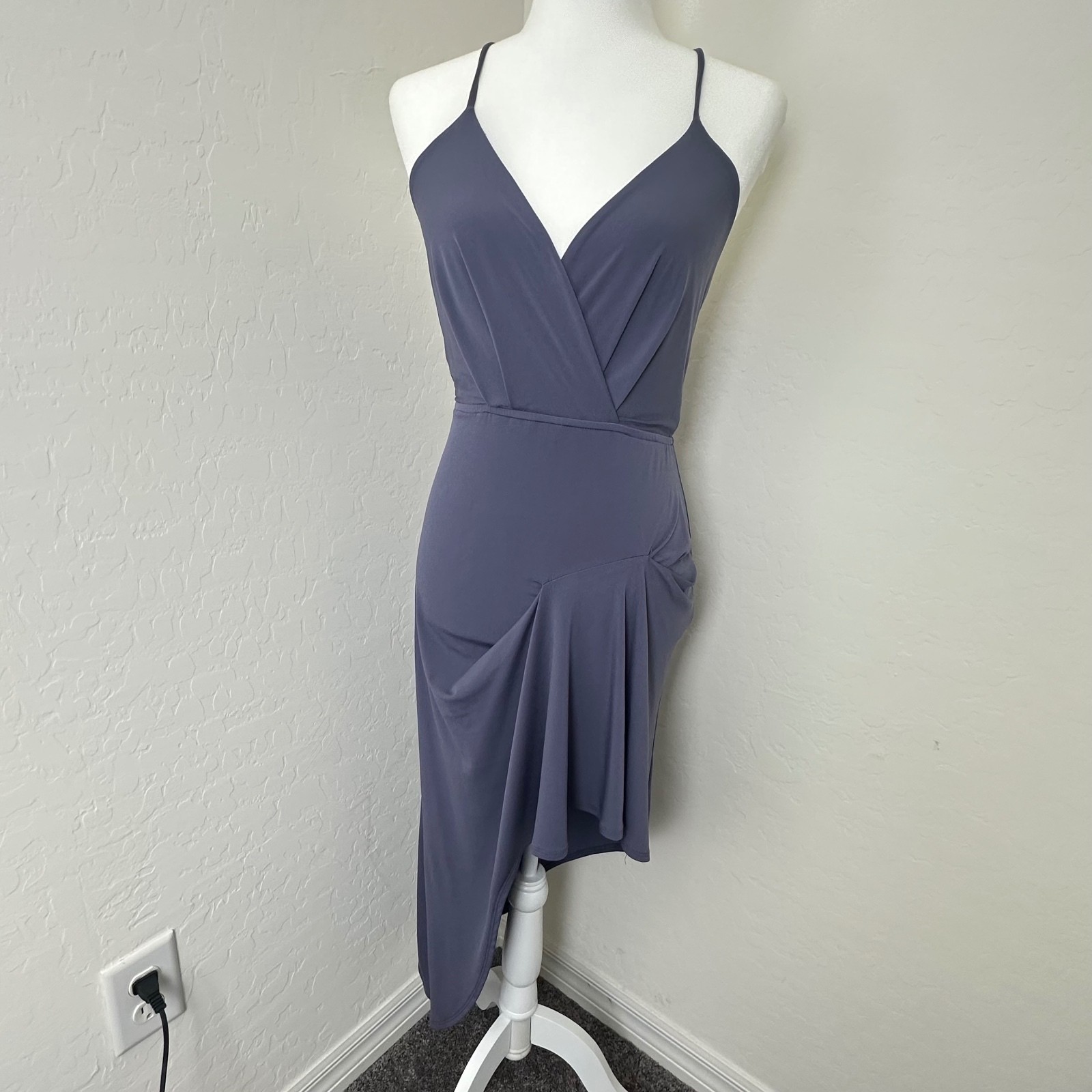 BCBGeneration XXS Vapor Asymmetrical Cocktail Dress V Neck Draped Midi
