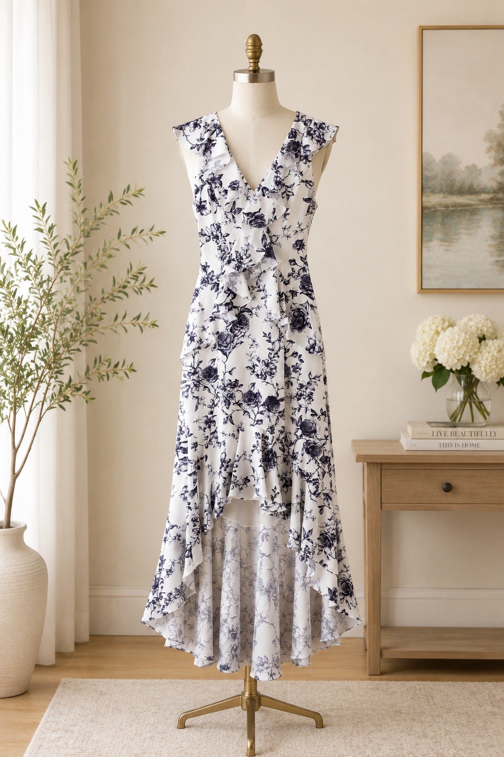 CeCe Floral High-Low Ruffle Dress Size 4 NWT White Purple Midi MSRP $149