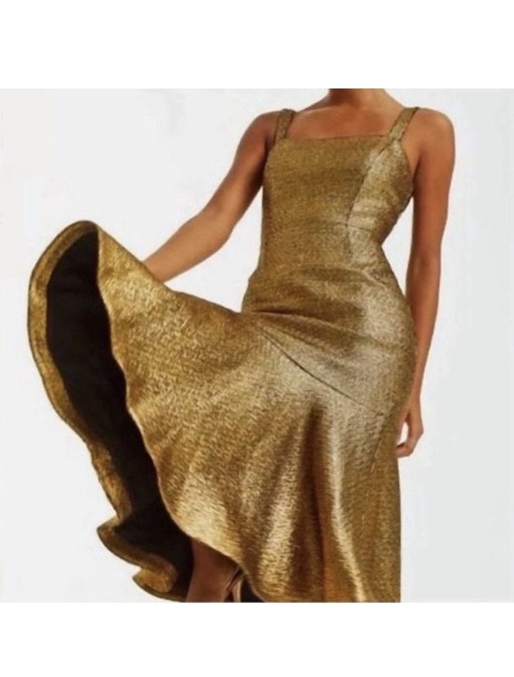 MESTIZA Jody Gold Metallic Tweed Square Neck Flutter Hem Midi Dress Sz 4 NWT