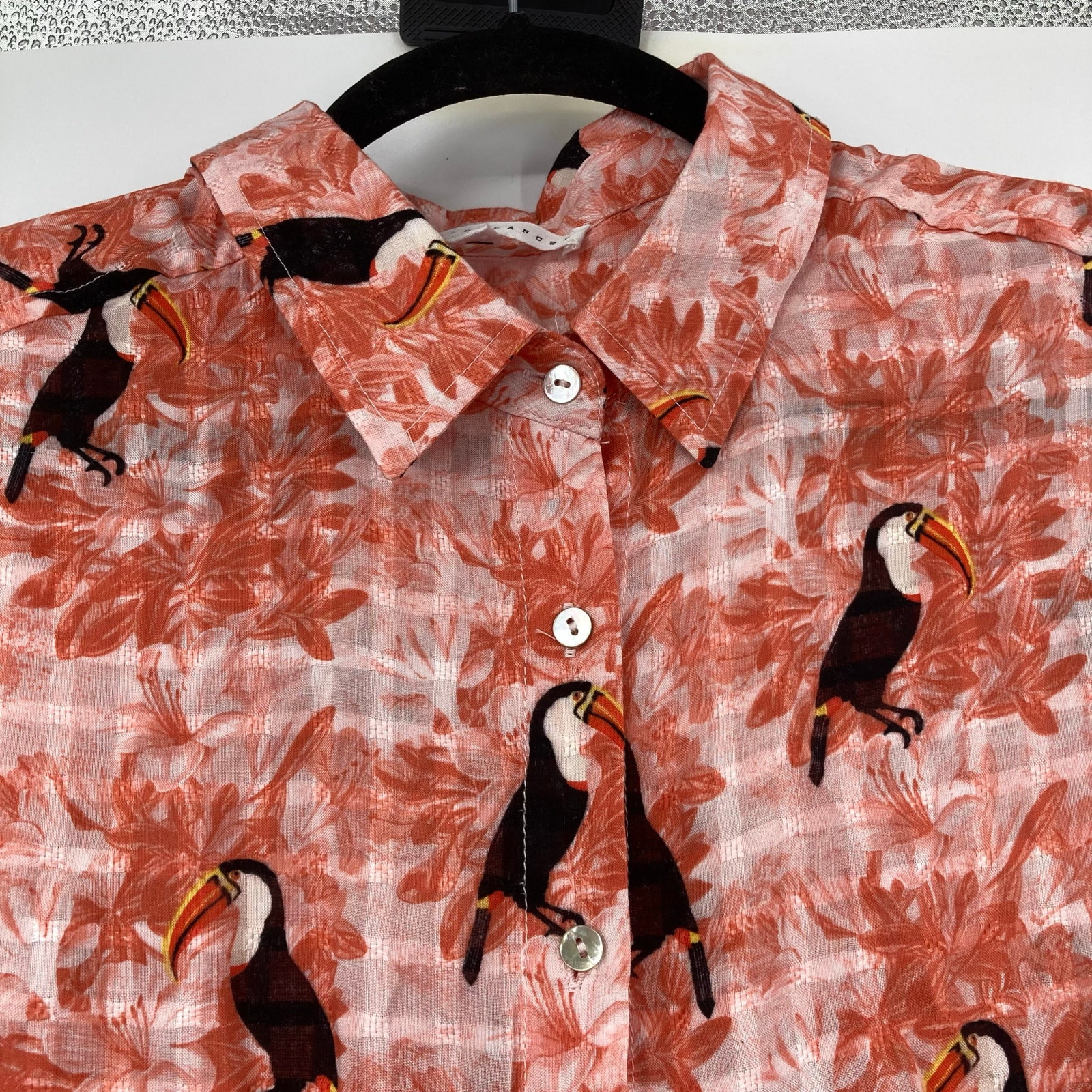 Jane & Delancey Peach Toucan Tropical Gauze Tunic Abalone Button Shirt Dress L