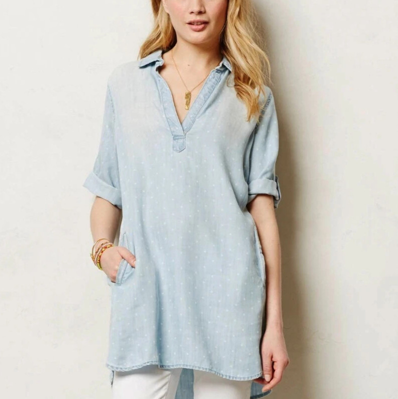 Cloth & Stone Dot Denim Chambray Tunic Top Faded Mini Shirt Dress Size Medium
