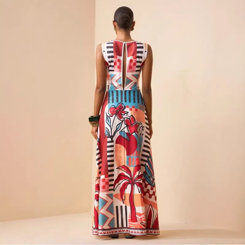 Bohemian Tropical Rainforest Print Dress, High Waist, Flared, Multiple Sizes