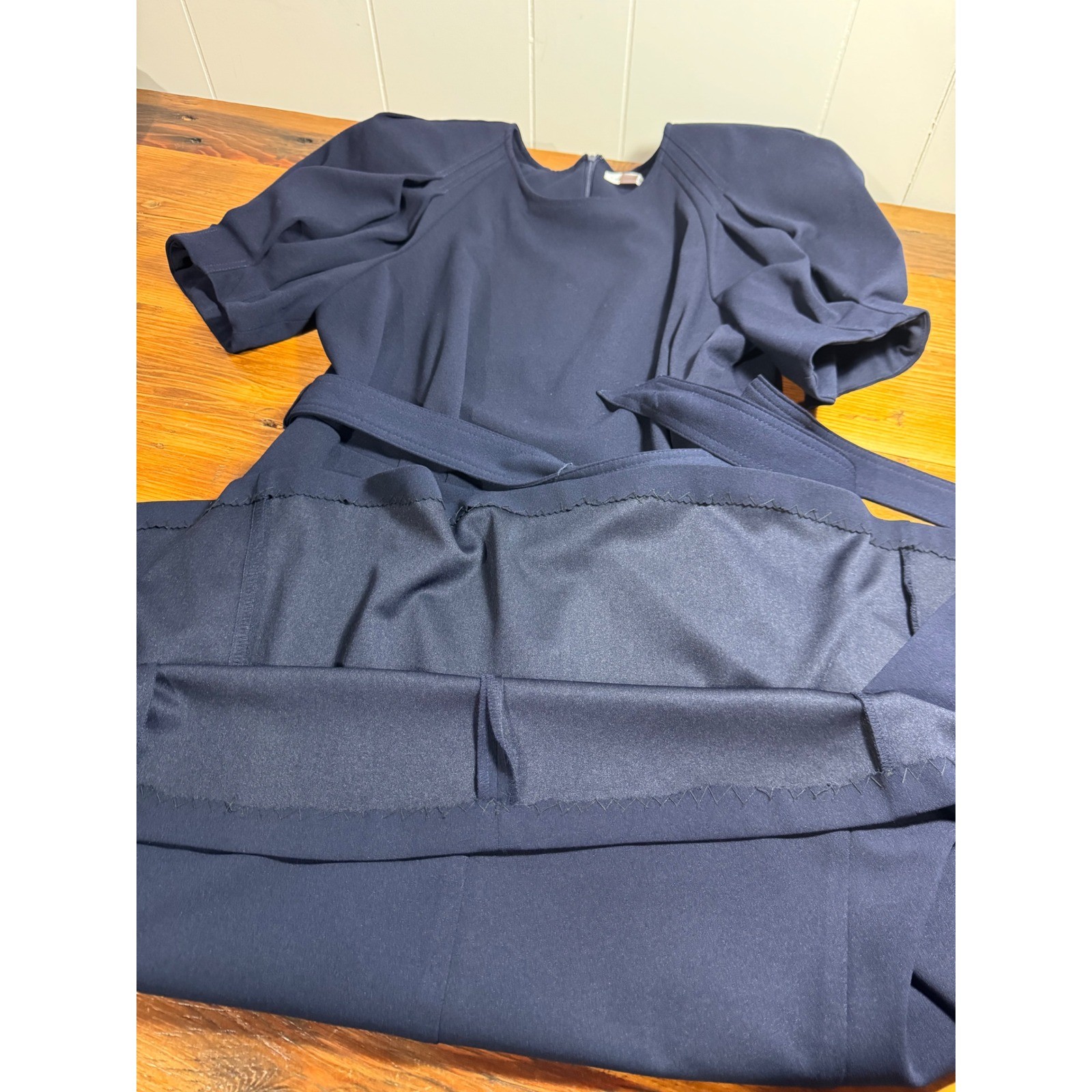 Calvin Klein Navy Puff Sleeve Belt Tie Waist Midi Dress Size 14W Altered Hem