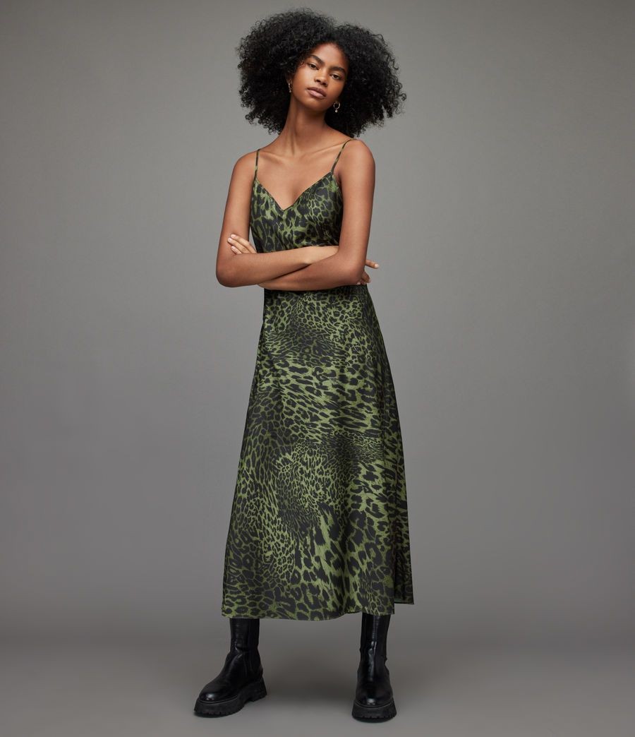 AllSaints Dress Womens XS Khaki Green Hera Slip Leopard Print Midi NWT Animal