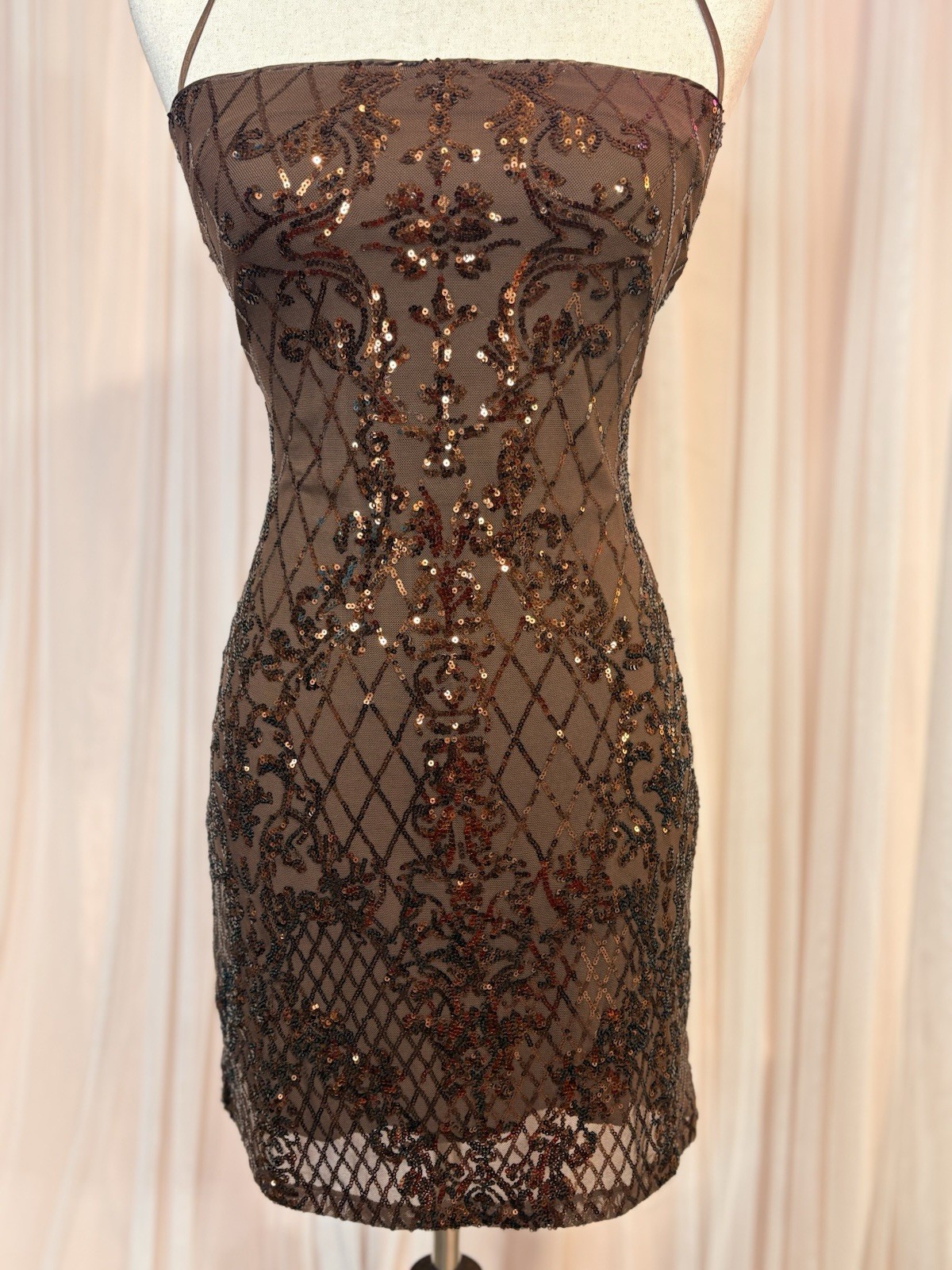 Windsor Brown Sequin Geometric Bodycon Mini Dress L Spaghetti Strap Backless
