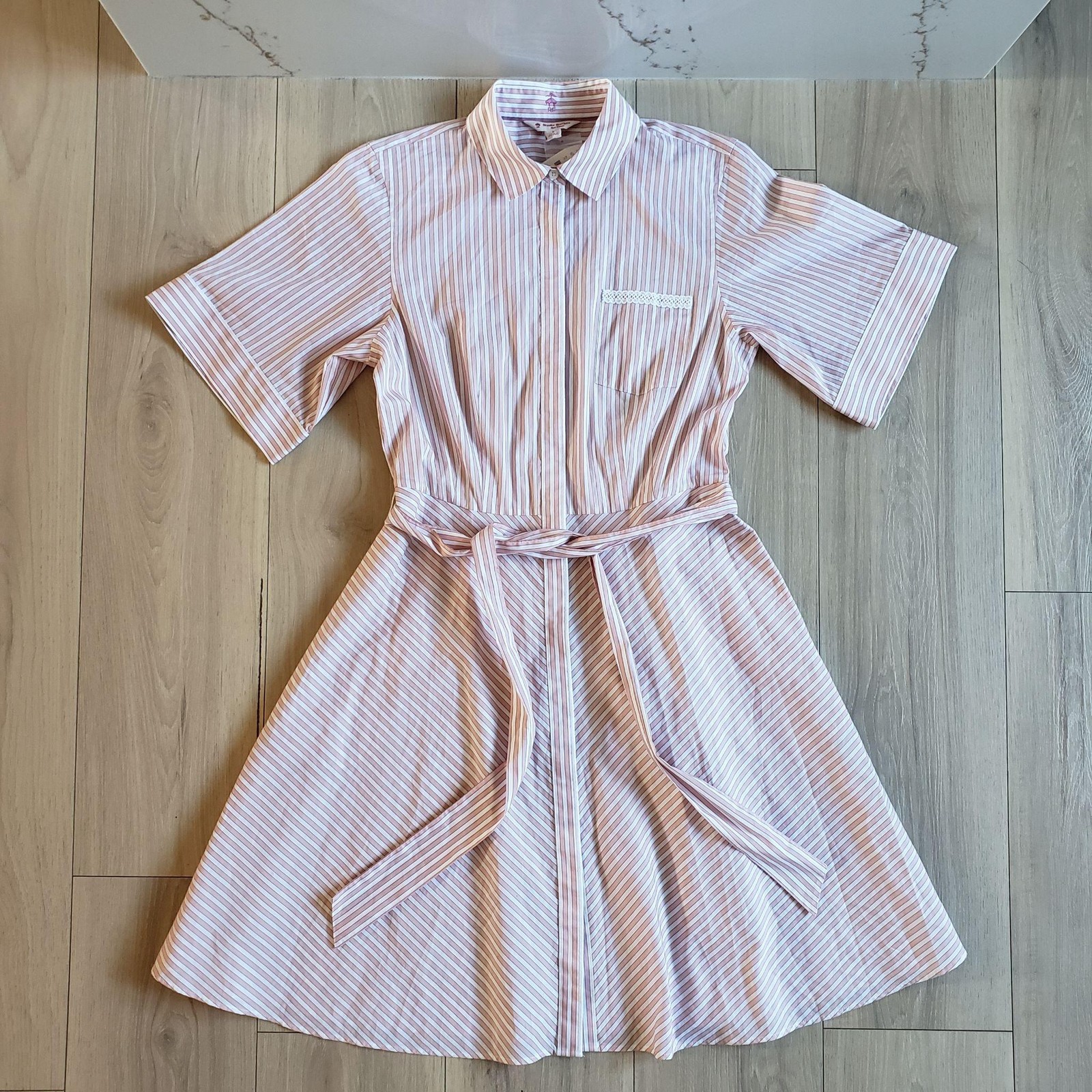 Brooks Brothers Shirt Dress Womens 8 Pink Striped Belted Short Sleeve Fit Flare