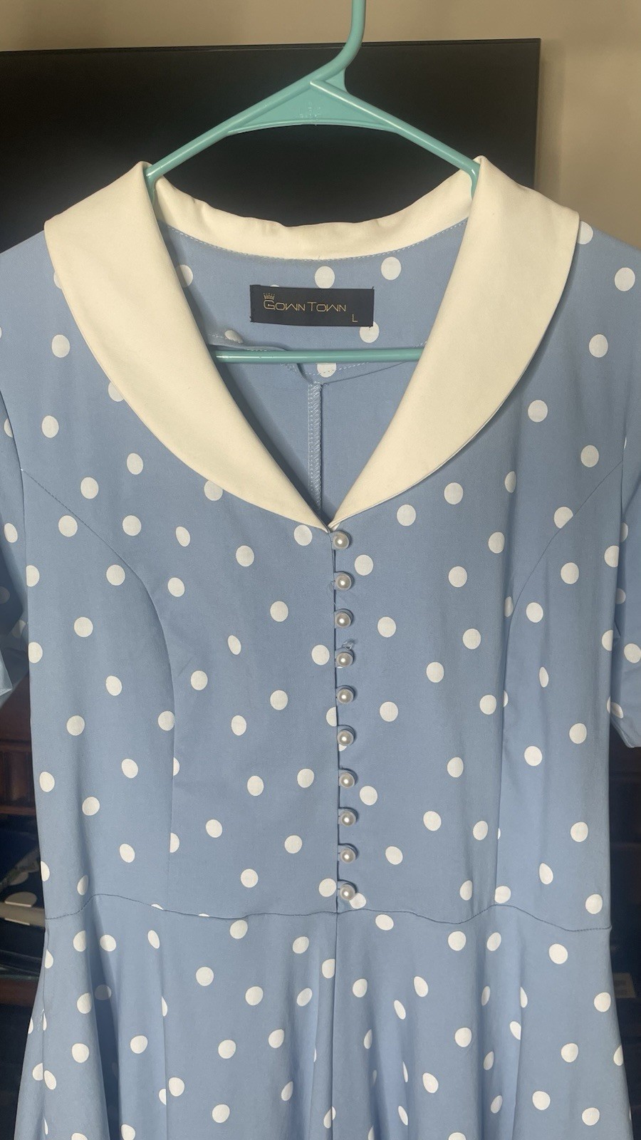 Gown Town Blue Polka Dot Short Sleeve Fit Flare Dress Rockabilly 50s Pinup L