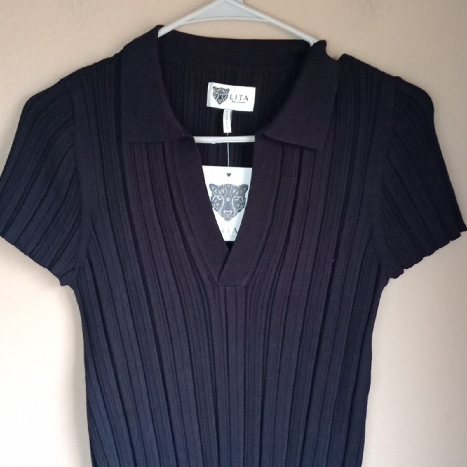 Lita by Ciara mini polo style minimalist dress Ribbed Cotton Size L New Tags