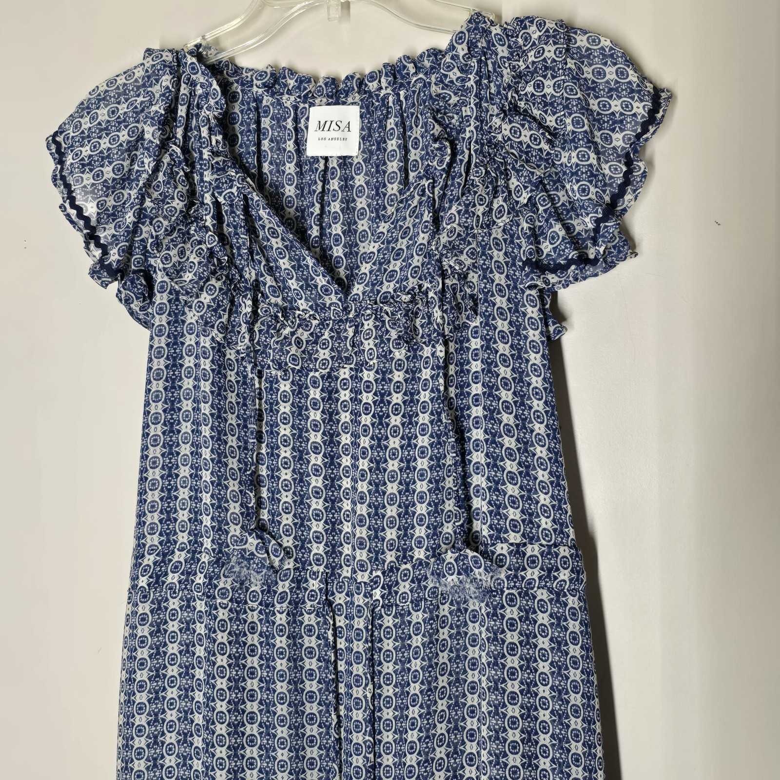 MISA Los Angeles Chiffon Midi Dress Blue Geometric Ruffle Boho Size S