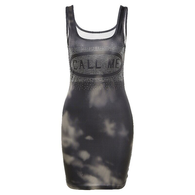 All Me Black Tie Dye Bodycon Dress Sexy Club Sleeveless Rhinestone Letter Outfit