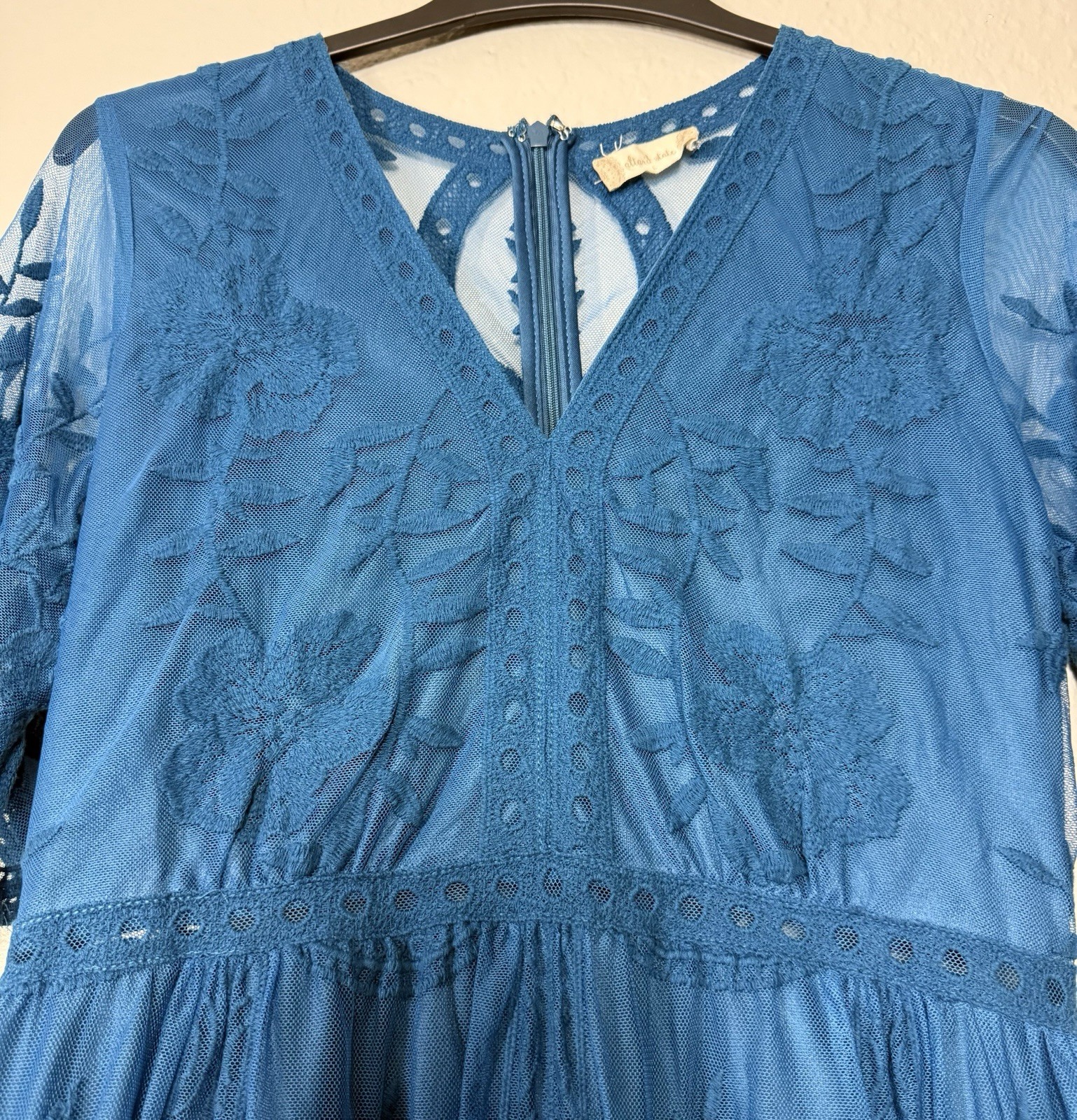 Altar’d State Blue Embroidered Mesh Fit & Flare Dress Knee Length V-Neck Size L