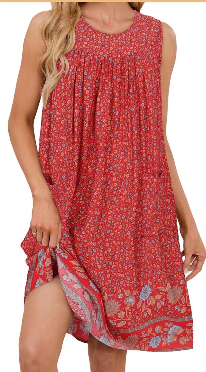 Red Floral Shift Dress Sundress Size Small