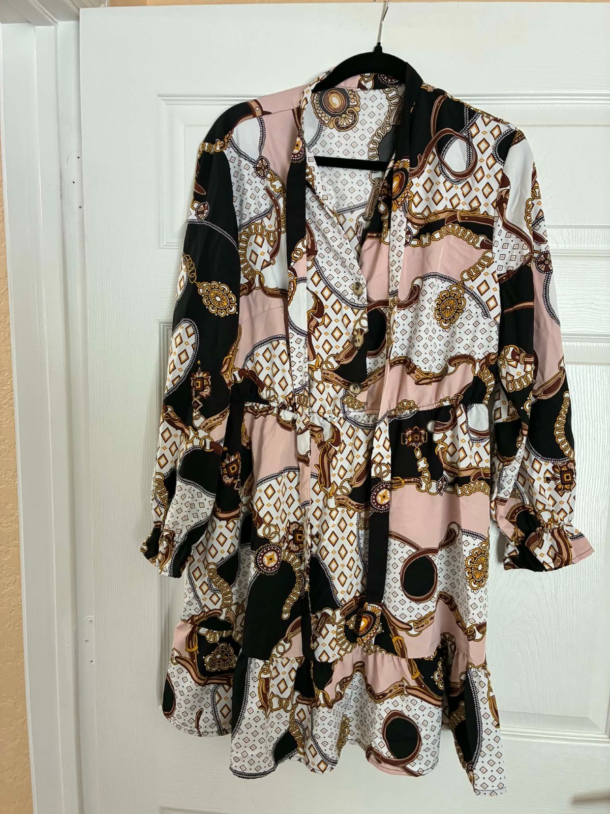 Womens 1XL Pink Black Gold Chain Print Boho Dress Ruffle Belted Tunic