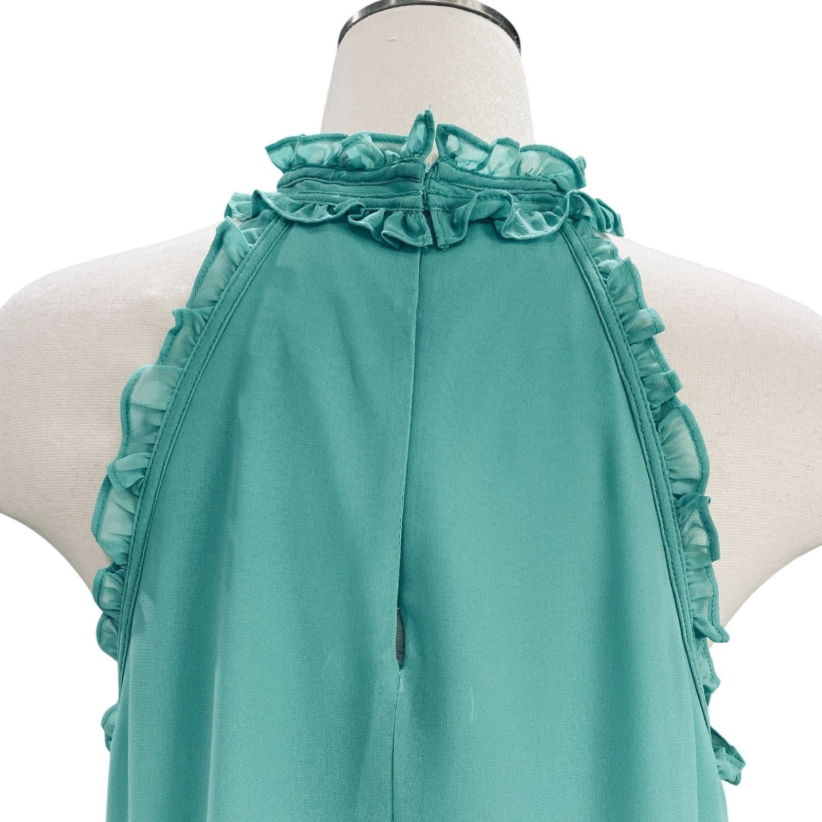 BCBG Generation Turquoise Halter Neck Shift Dress Sleeveless Chiffon Ruffle Trim