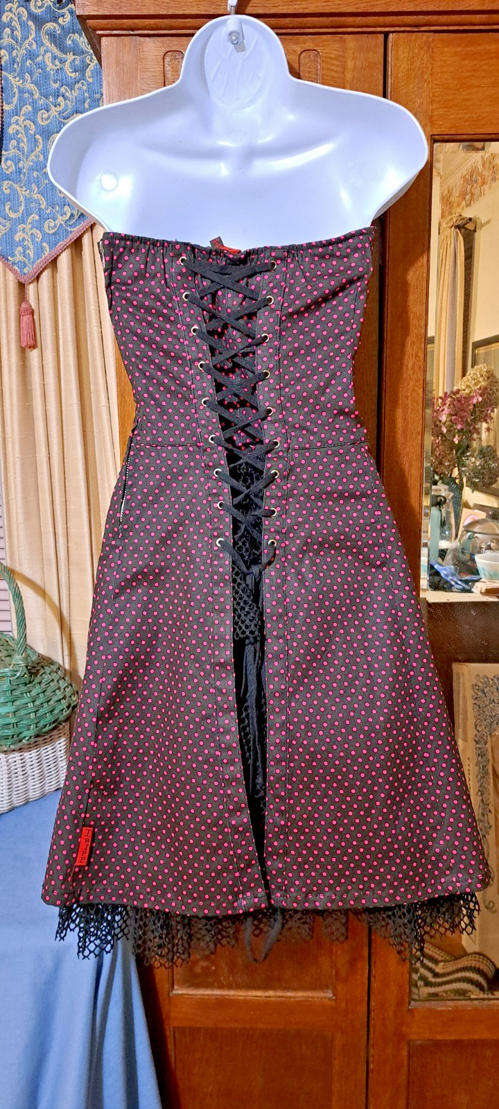 Tripp NYC Punk Goth Dark Fairy Pink Black Polka Dot Corset Dress Strapless XS