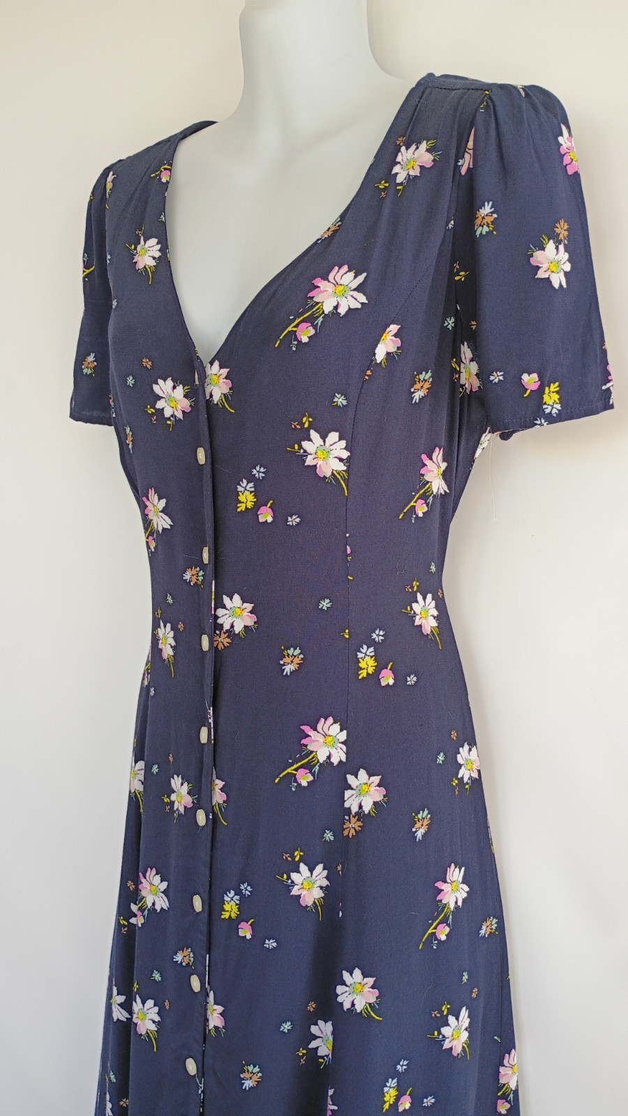 Vintage 90s GAP Button Front Navy Blue Floral Daisy Midi Dress Whimsigoth XS 2