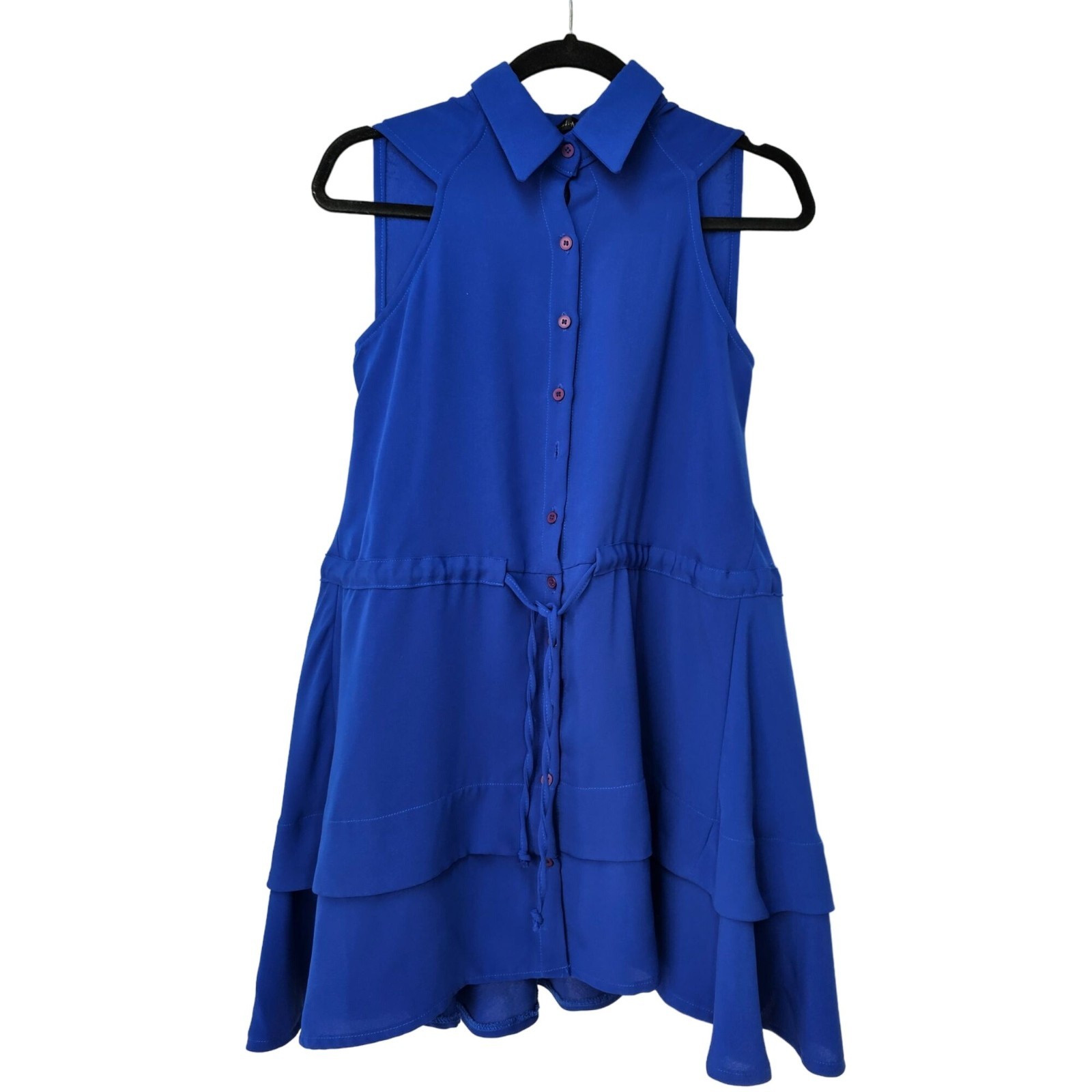 Nadia Sleeveless Blue Drawstring Tunic Mini Dress Womens 4 Button Front